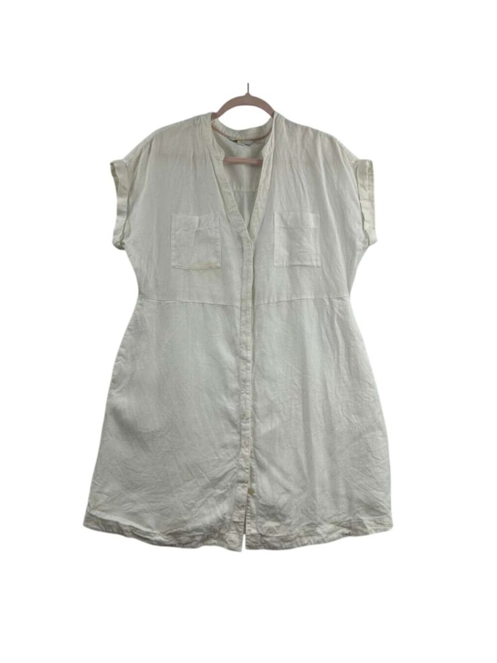 Boden Shirrt Dress Women's Size 12R White 100% Linen Short Sleeve Pockets